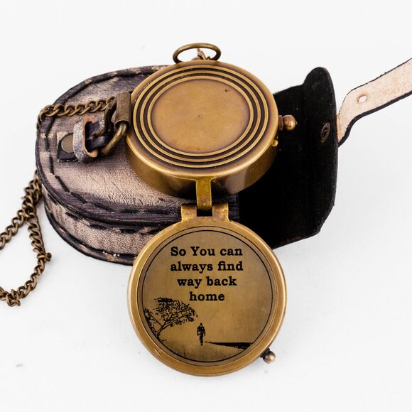 Vintage Brass Compass 2" Engraved "Find Your Way Back Home w/ Leather Cover - Picture 11 of 16